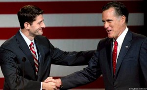 Mitt Romney shaking hands with Paul Ryan